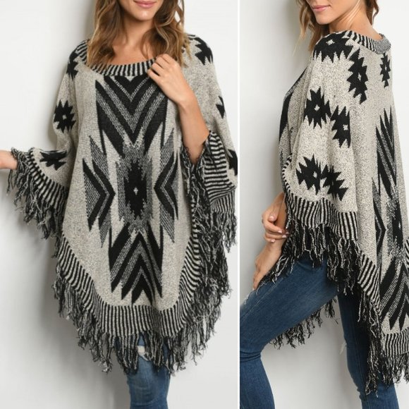 Trend Setter Diva Boutique Sweaters - LAST 1! BLACK & GREY FRINGE PONCHO KNIT SWEATER